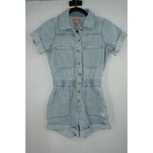 Show Me Your Mumu Romper Womens XS Blue Denim Short Sleeve Button Front Pockets